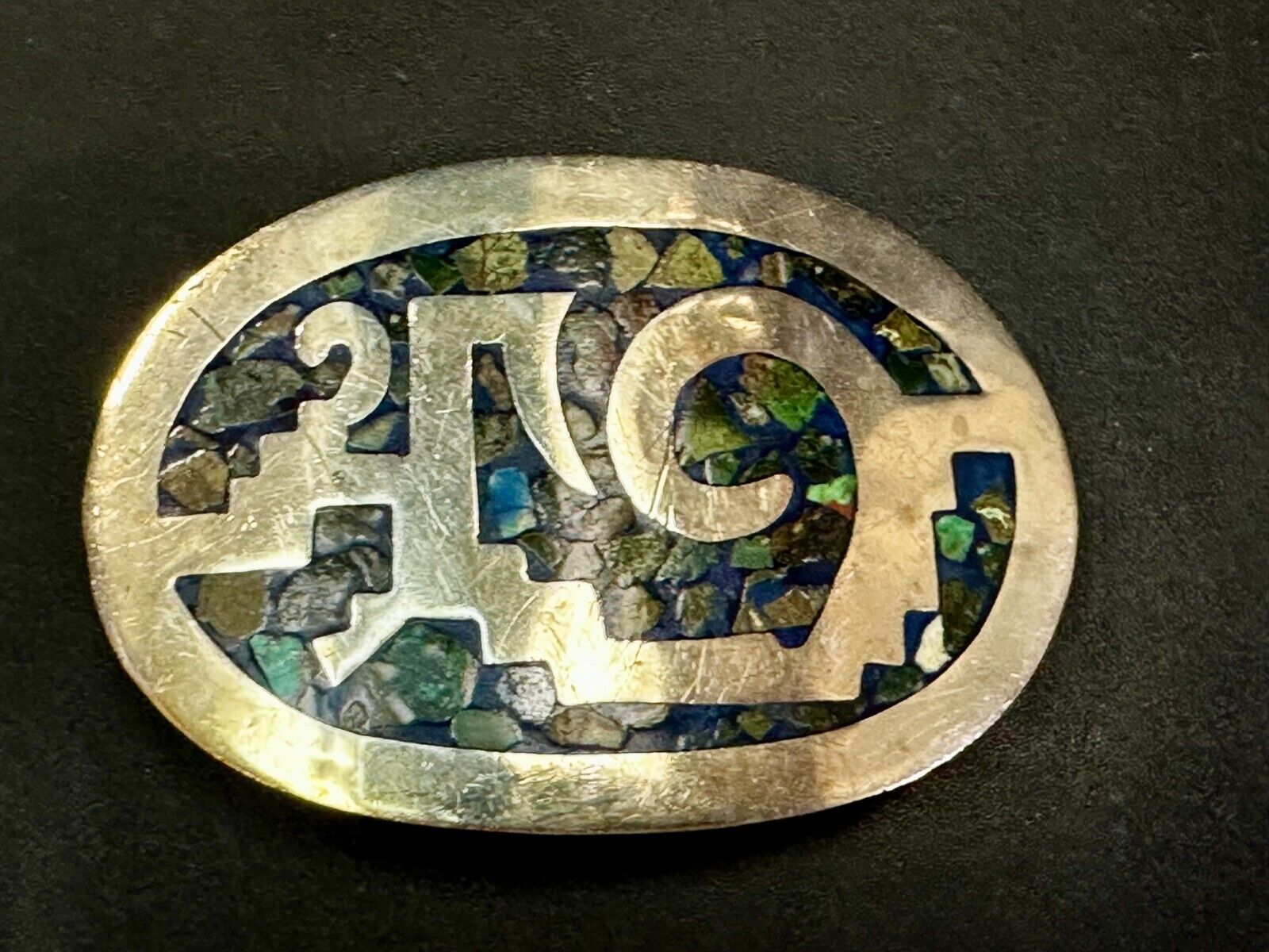 Vintage Inlaid Abalone Shell AZTEC MAYAN Theme Mexico Made? Belt Buckle