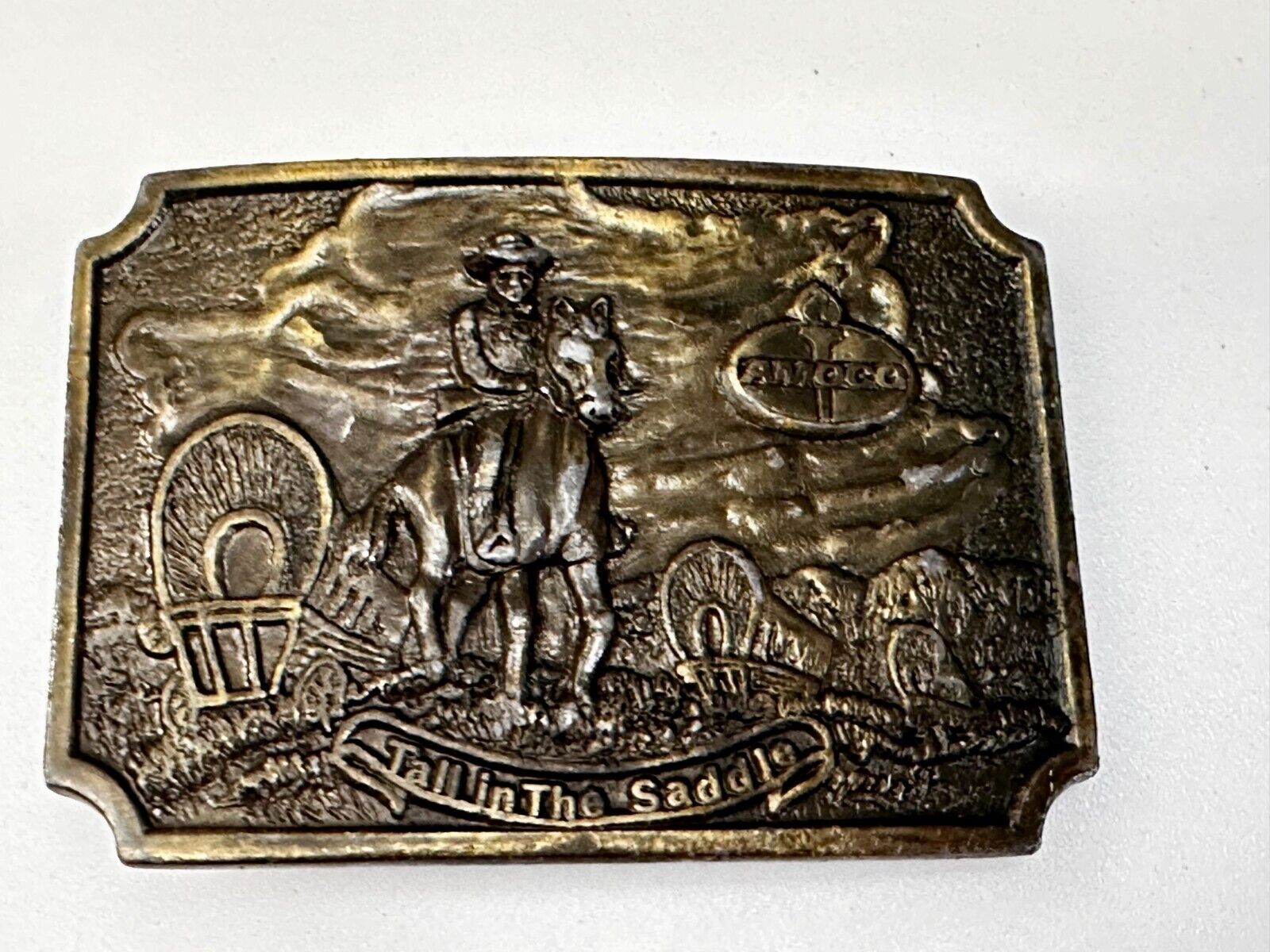 Amoco Oil Tall in the Saddle Wagon Brass Tone Western Cowboy Horse Belt Buckle