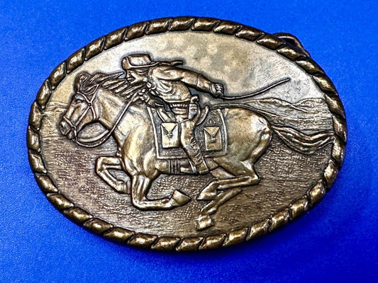 Vintage 1981 Pony Express Rider Mervyn's Commemorative Brass Tone Belt Buckle