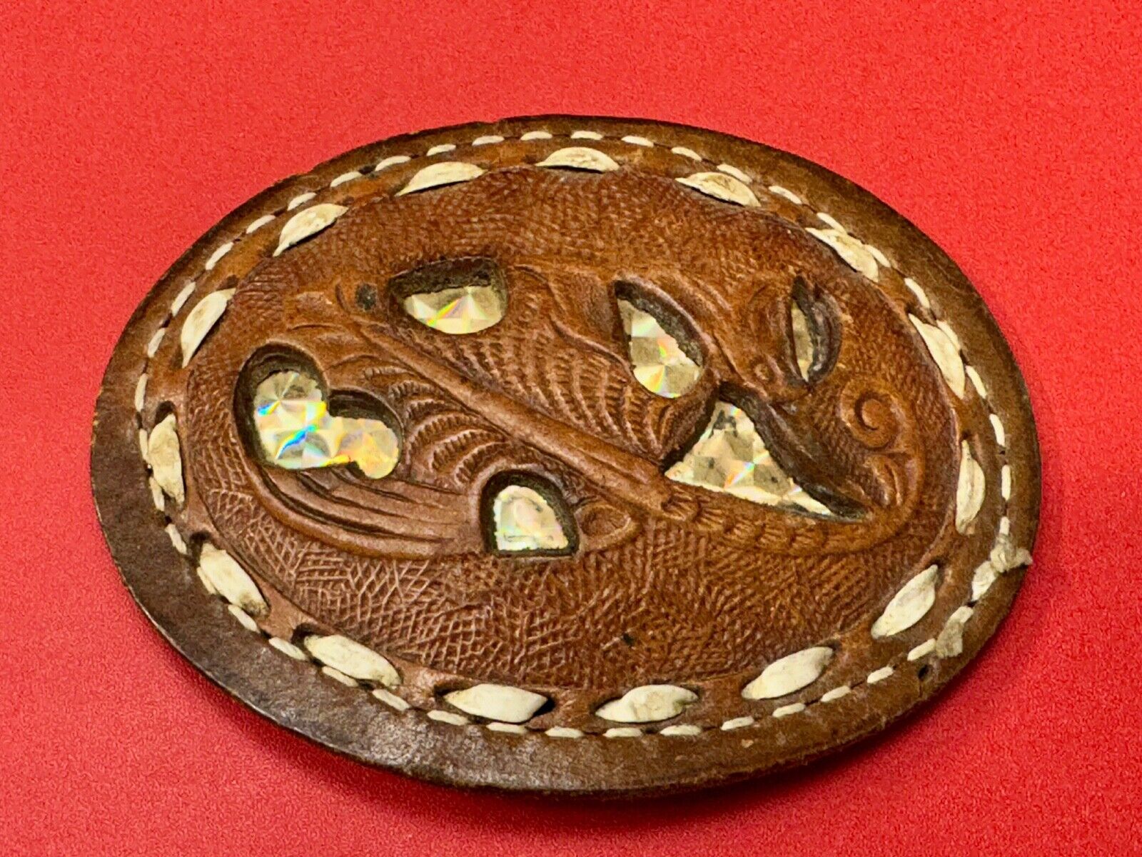 Unique leaf pattern in leather belt buckle made of Abalone shell