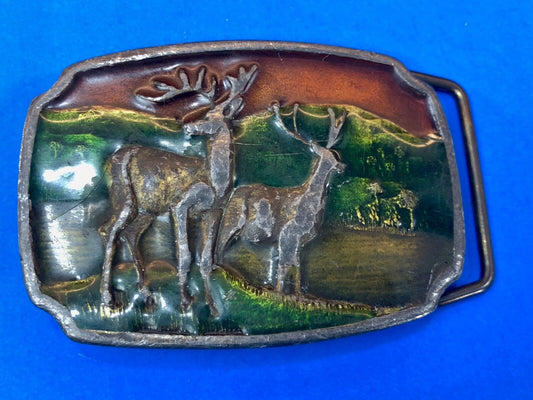 Vintage A16 Belt Buckle by  Koleaco, two deer in nature scene, mountains 