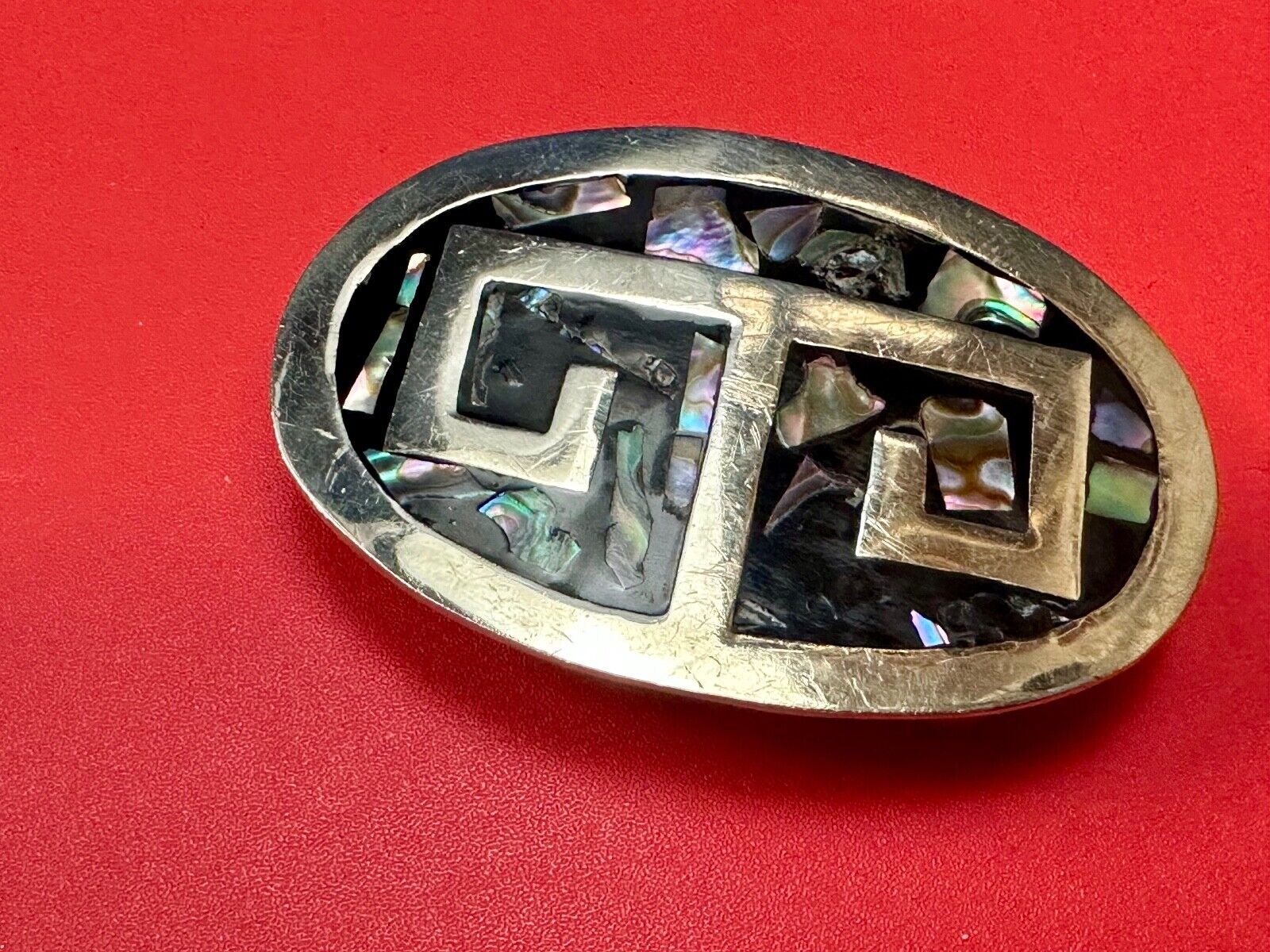 Vintage Alpaca  Mexico Silver Tone Abalone Shell Pattern Oval belt buckle