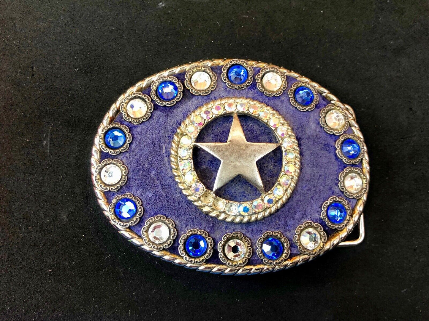 artisan multi color shades of blue star rhinestone centerpiece belt buckle 