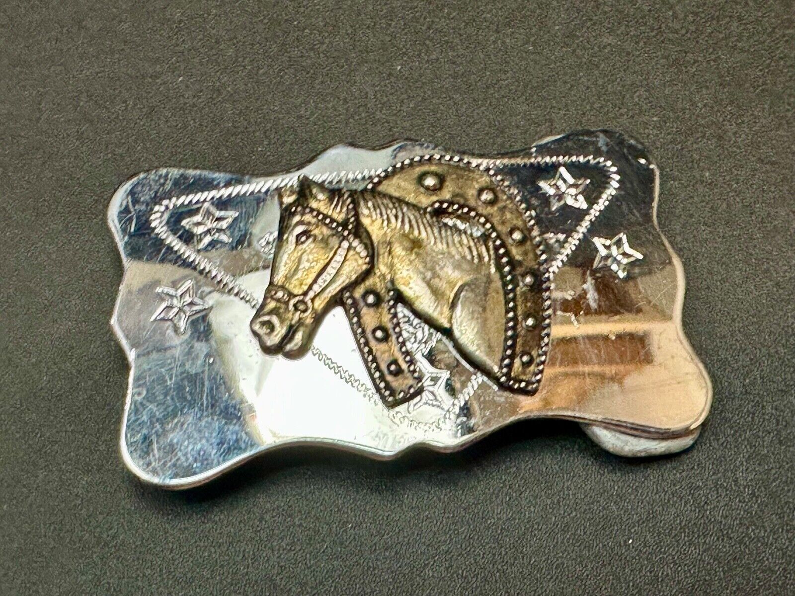 Vintage Horse head through horseshoe on reflective two tone belt buckle