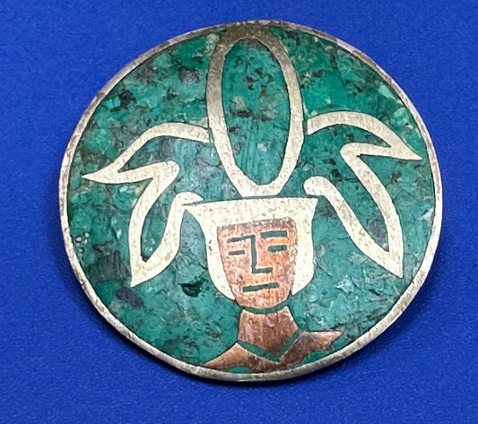 Beautiful Inlaid Person Figure Face  sterling silver brooch -  CPR Mexico 925