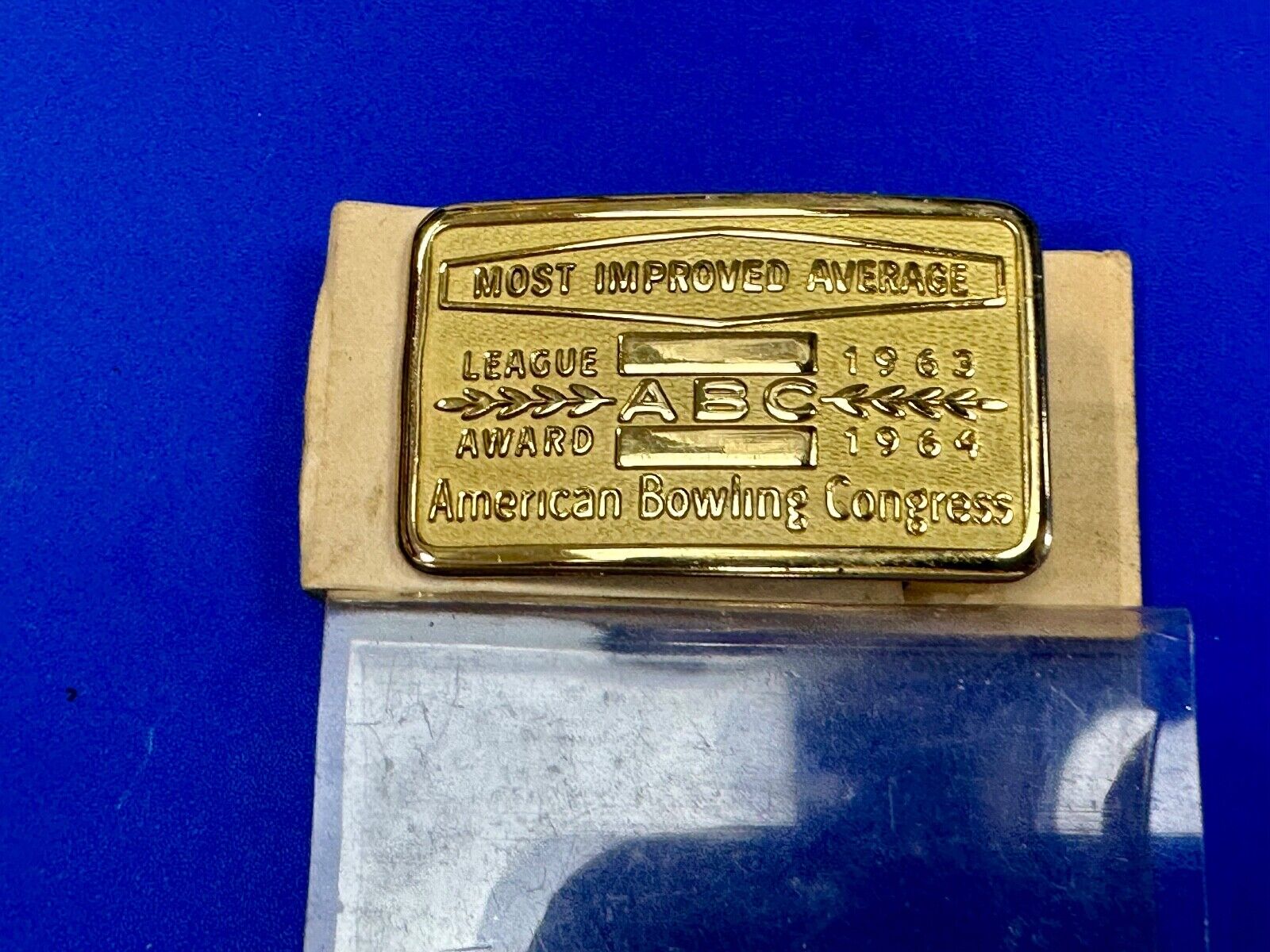 ABC Bowling League Award NOT engraved most improved trophy 1963 NOS belt buckle