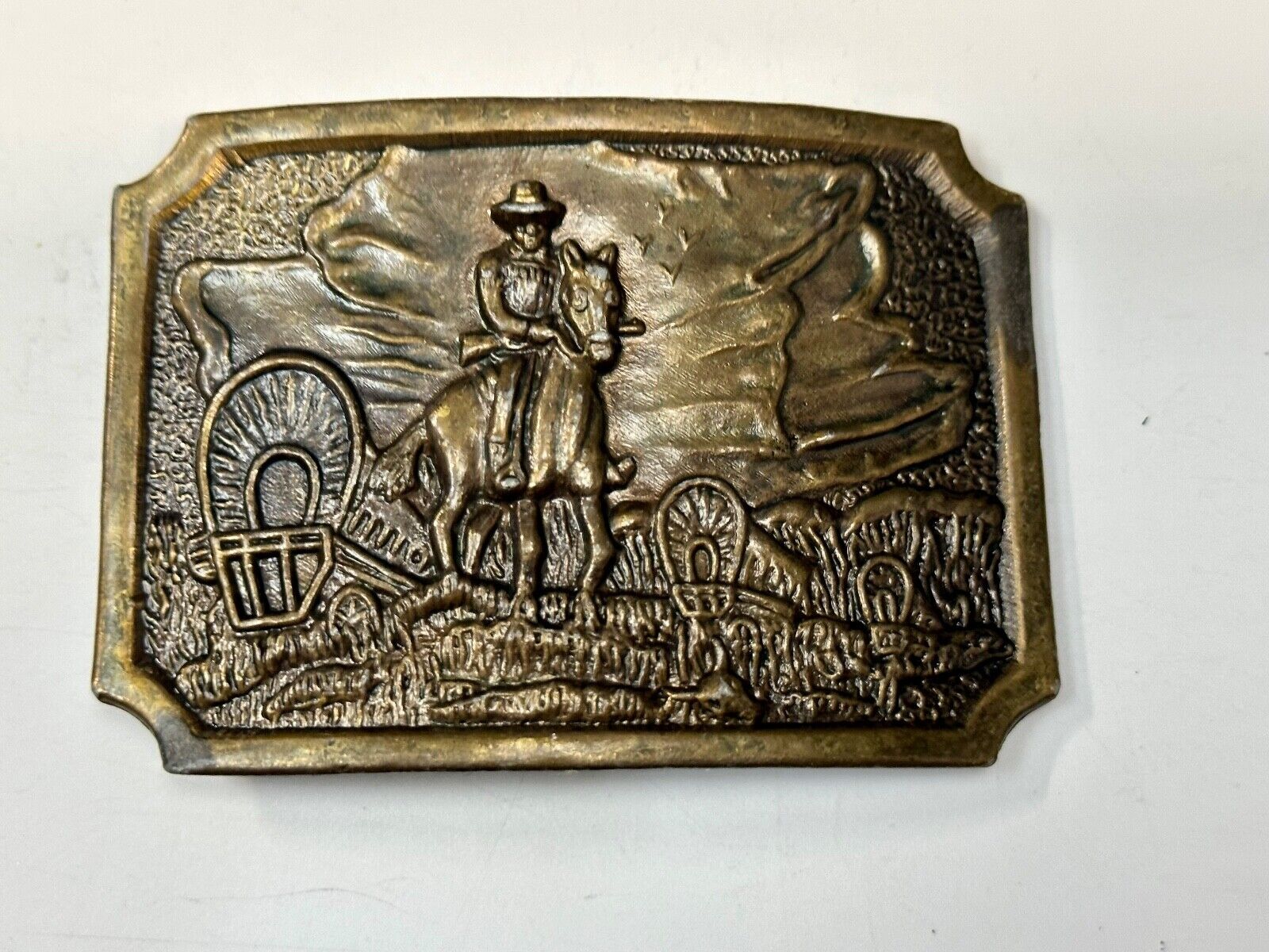 Tall In The Saddle Western Cowboy Horse Covered Wagon Belt Buckle New Condition