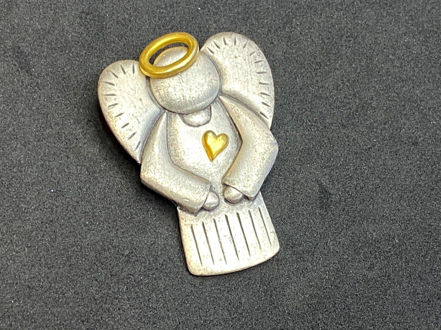 Angels Watch Over Me Pewter Two tone Halo &Heart  Brooch Pin Costume Jewelry