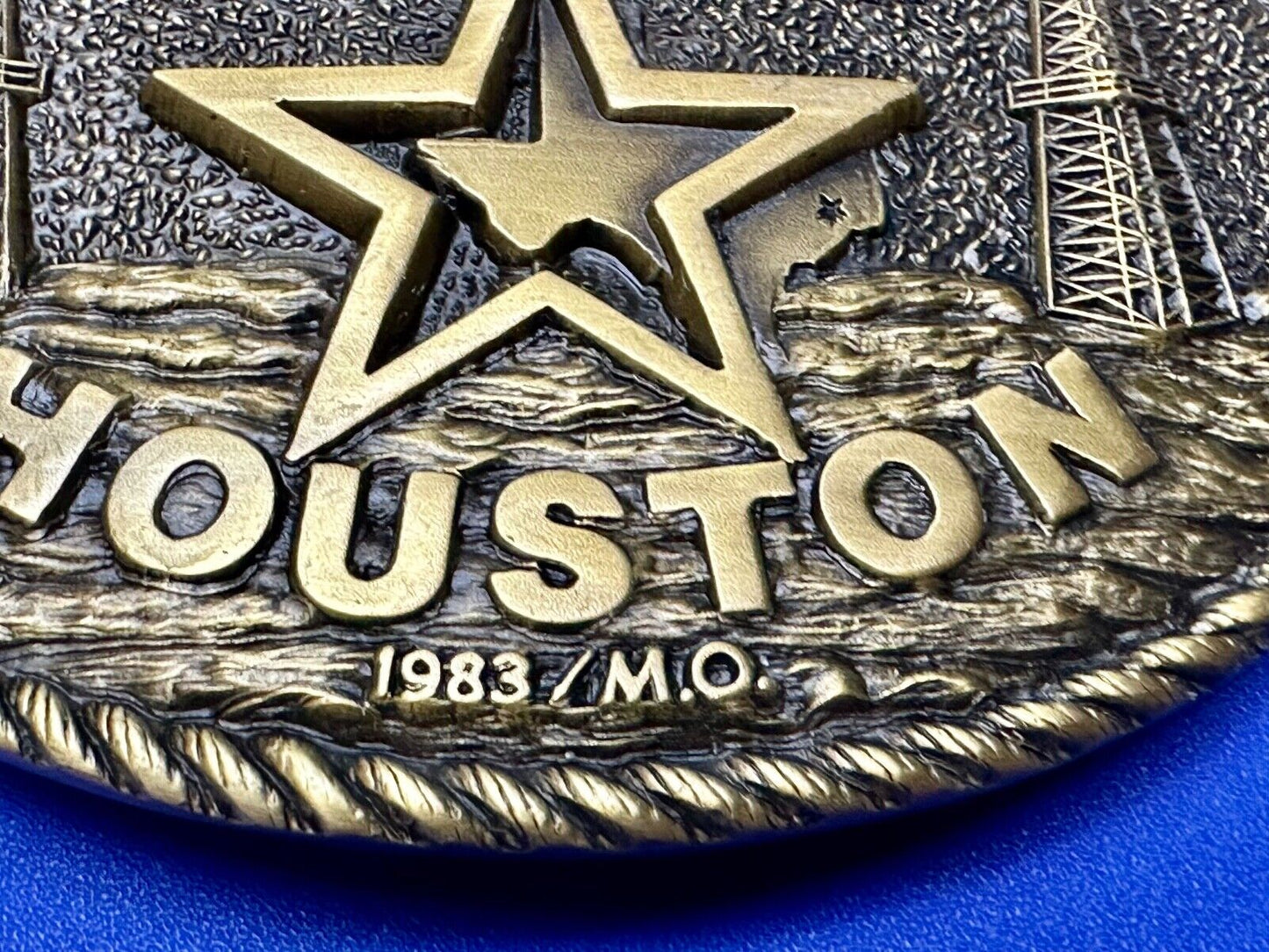 Vetco Texas Houston State Lone Star Oil Well Rig Vintage Brass Belt Buckle