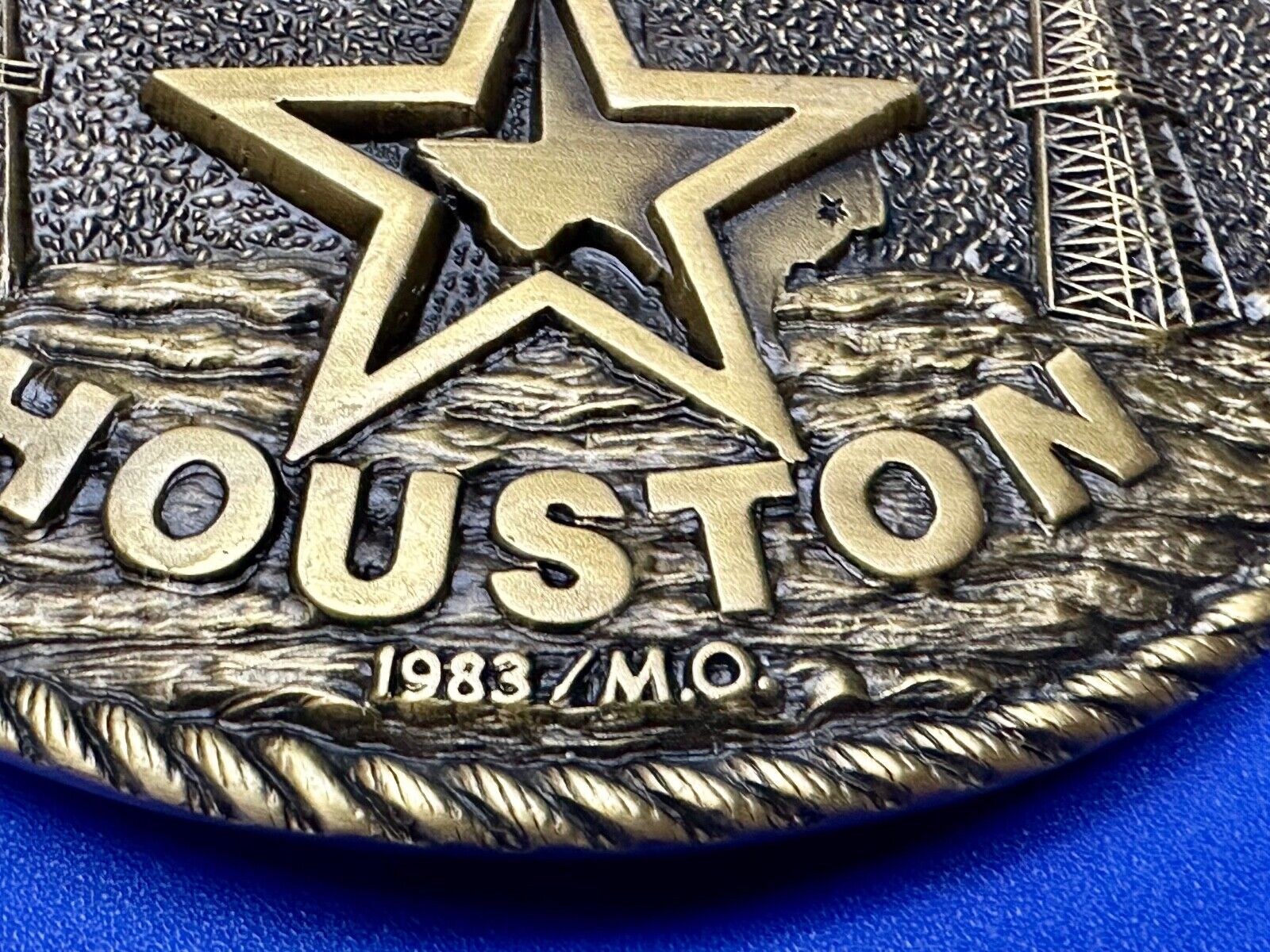 Vetco Texas Houston State Lone Star Oil Well Rig Vintage Brass Belt Buckle
