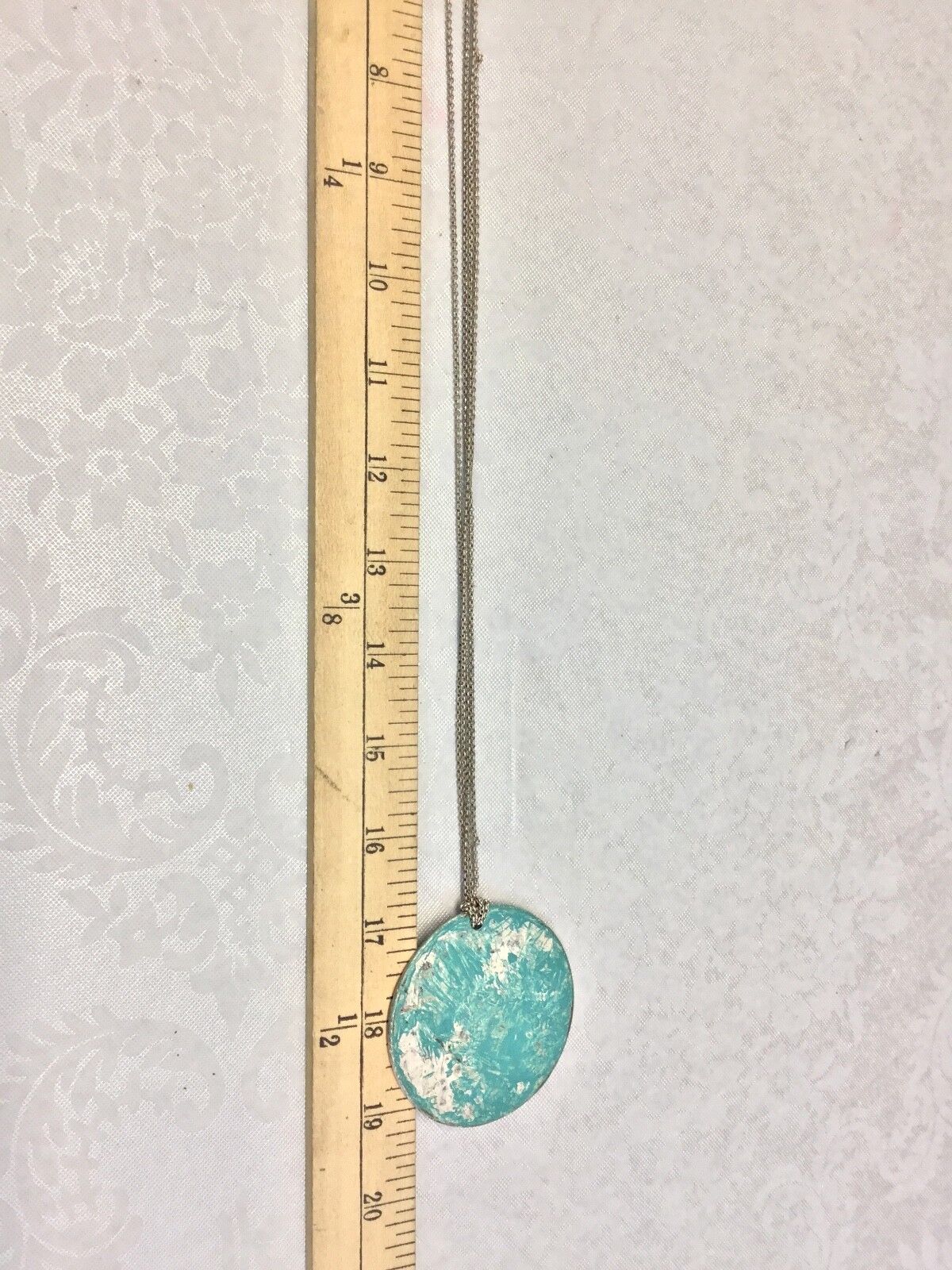 VCLM Abstract Mottled Aqua Round Pendant Silver Tone Double Chain 32" Necklace
