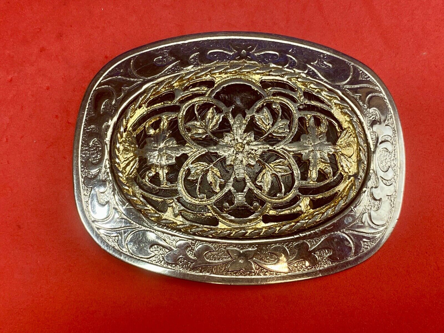 Victorian? Looking / feel - see through wire mixed metal vintage 4" belt buckle 