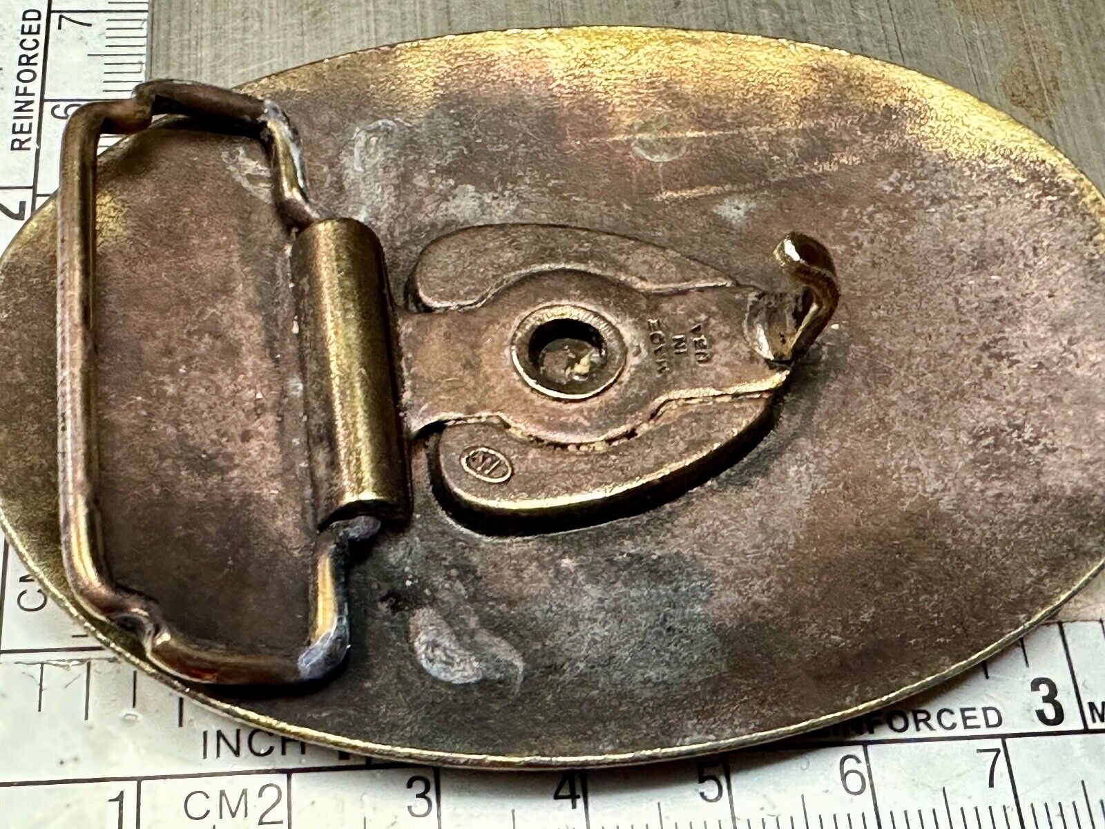 USA made vintage western flower swirl design oval belt buckle marked W