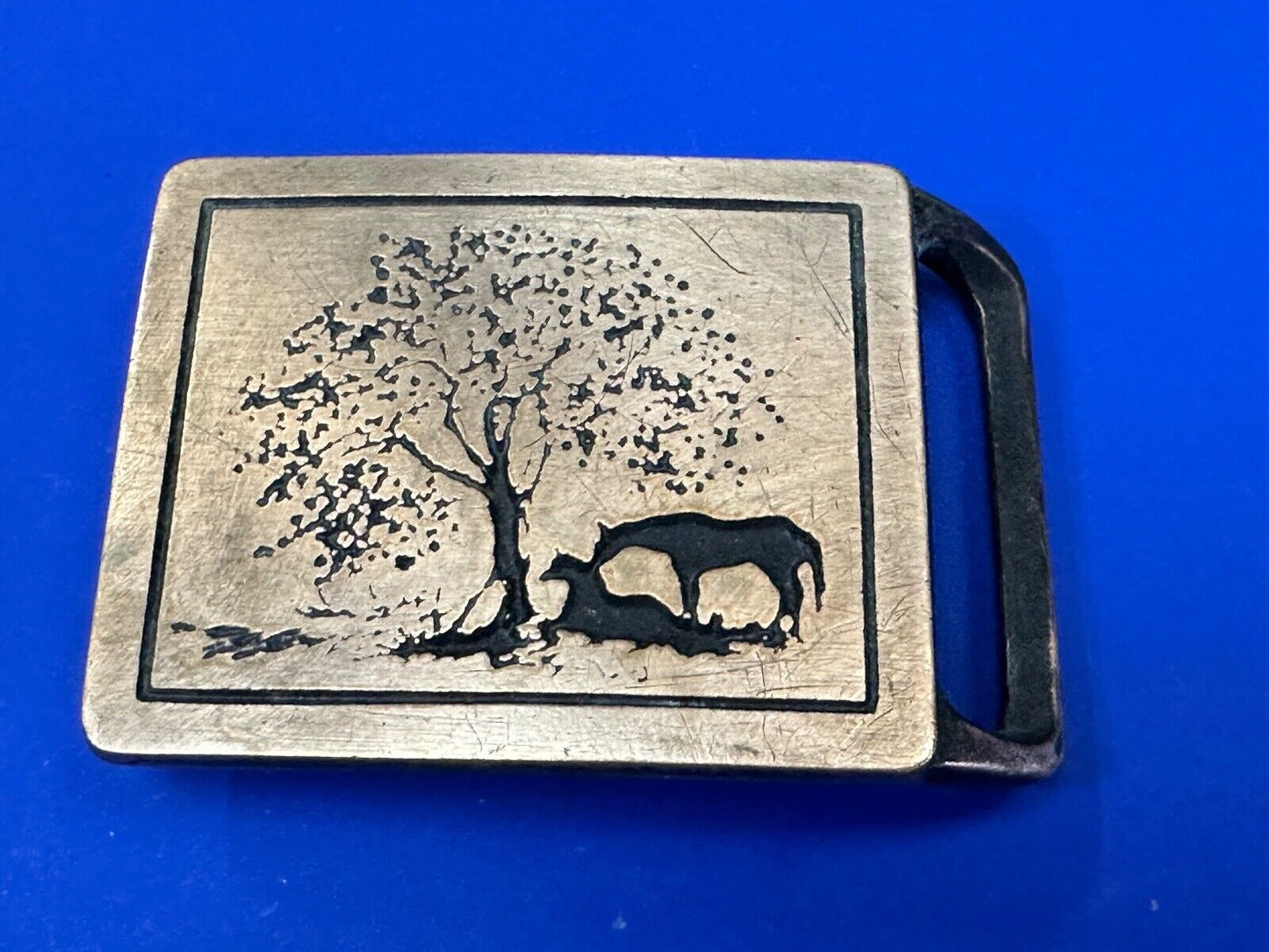 TWO HORSES - under tree  TECH-ETHER GUILD ART Hippy  solid brass belt buckle