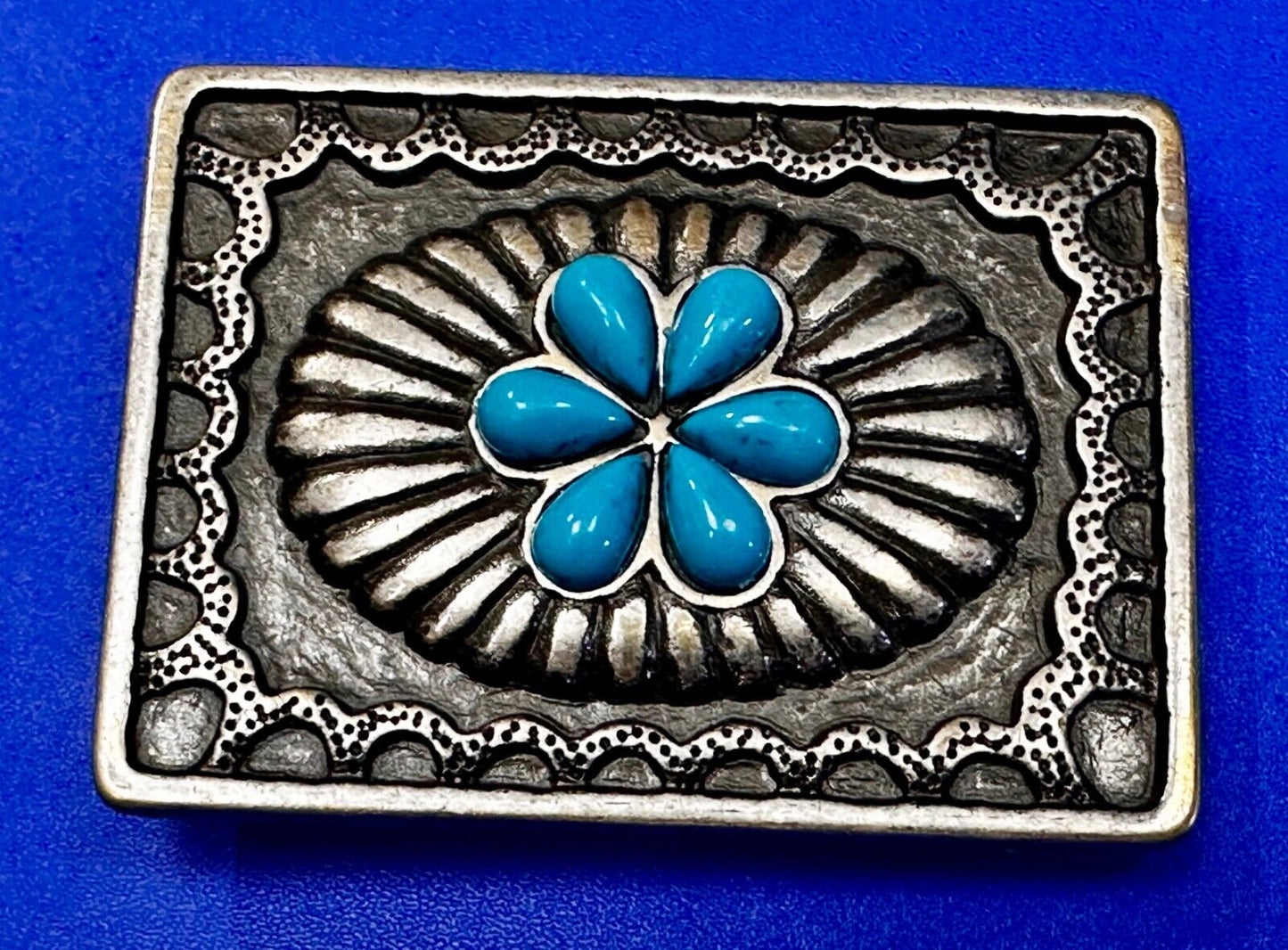 Turquoise Stone Center Floral Theme Native American Indian Style Belt Buckle