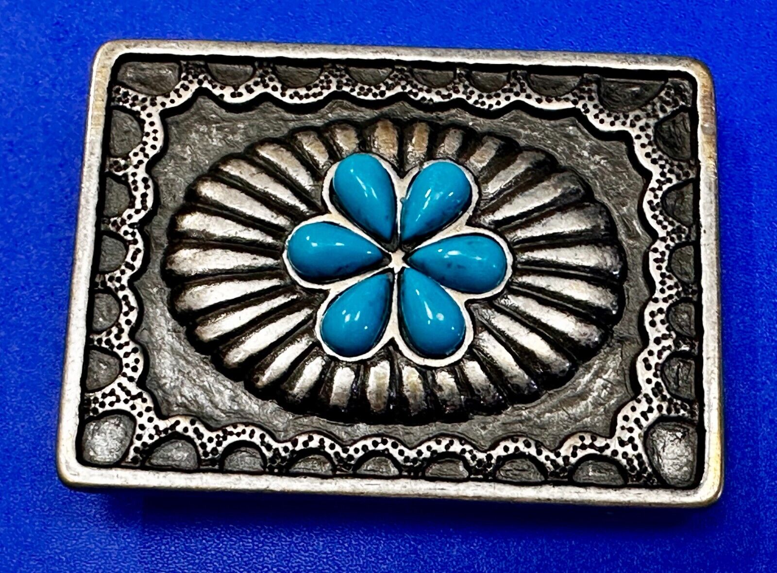 Turquoise Stone Center Floral Theme Native American Indian Style Belt Buckle