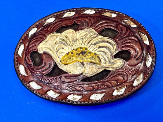 Beautiful Flower - Vintage Tony Lama mixed leather color oval belt buckle