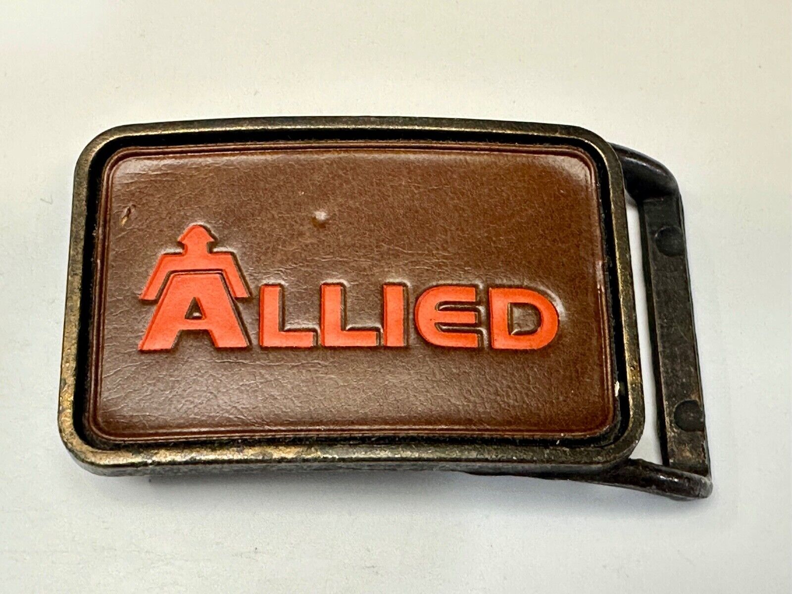 70's Allied Trucking Transportation Vintage leather Belt Buckle orange lettering