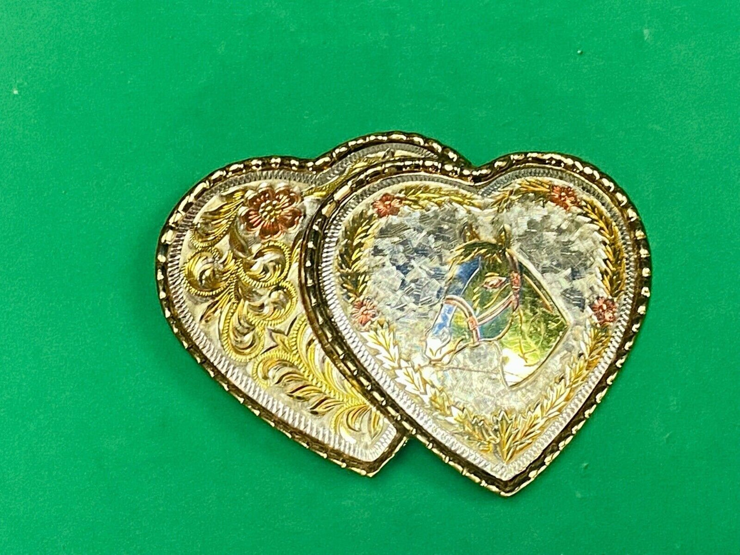 Two Hearts - Horse Head & Ornate Flower Swirl Cut Out Etched Belt Buckle - W
