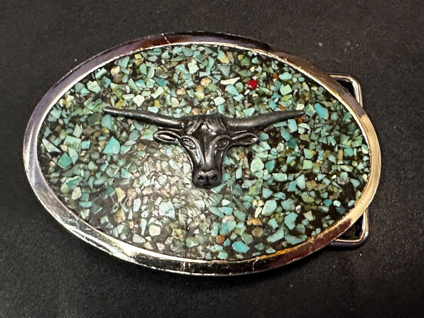 Turquoise chip inlaid Cowboys Cowgirls Longhorn Rodeo Cow Steer Oval Belt Buckle