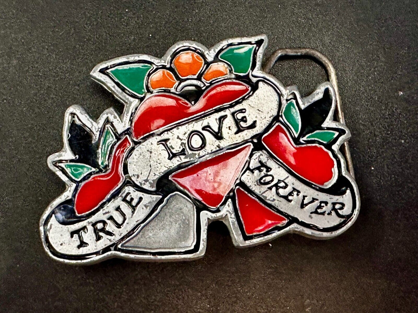 True Love Forever Three Hearts Ribbon Vintage Sailor Jerry Belt Buckle