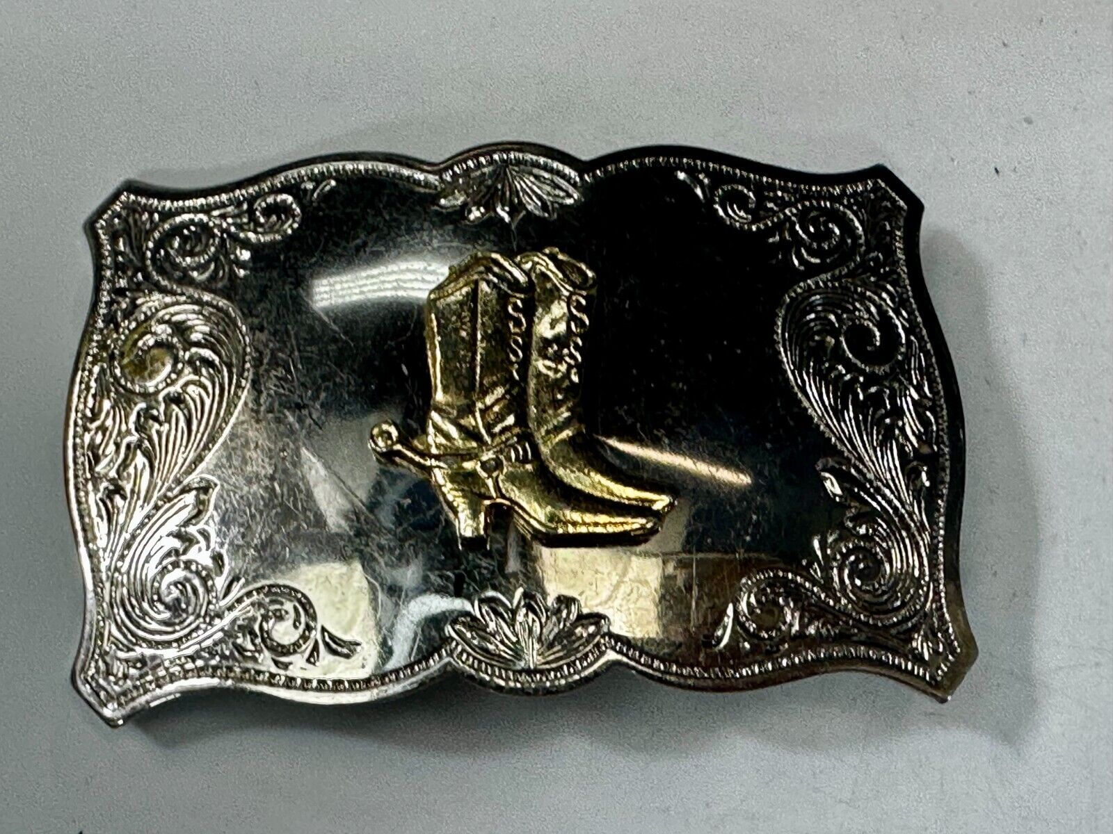 Vintage Cowboy Boots Engraved Swirl Border Two Tone Western Style Belt Buckle
