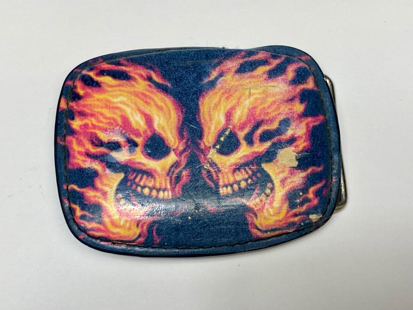 Two Flaming Skulls Heads Facing Each Other Black Belt Buckle