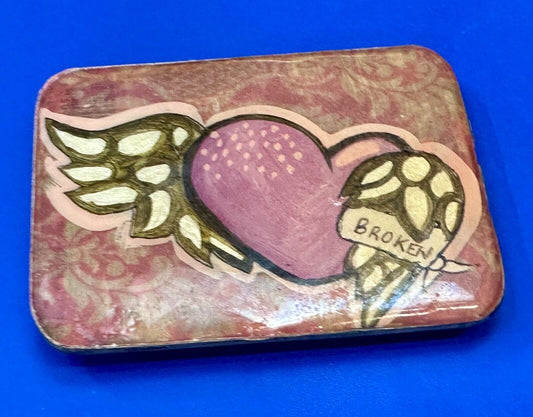 Vintage HEART with wings Mexican Collage belt buckle by artisan Nikki Zabicki