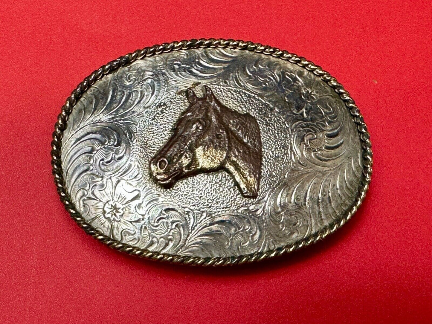 Vintage Horse HEAD Award Design Medals ornate oval two tone belt buckle