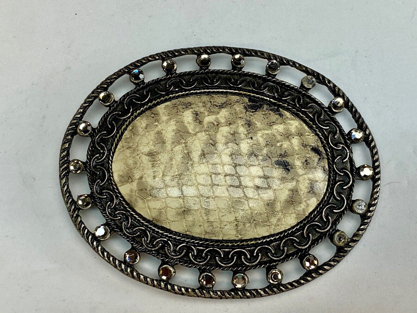 USA made rattle snake skin in rhinestone surround belt buckle 