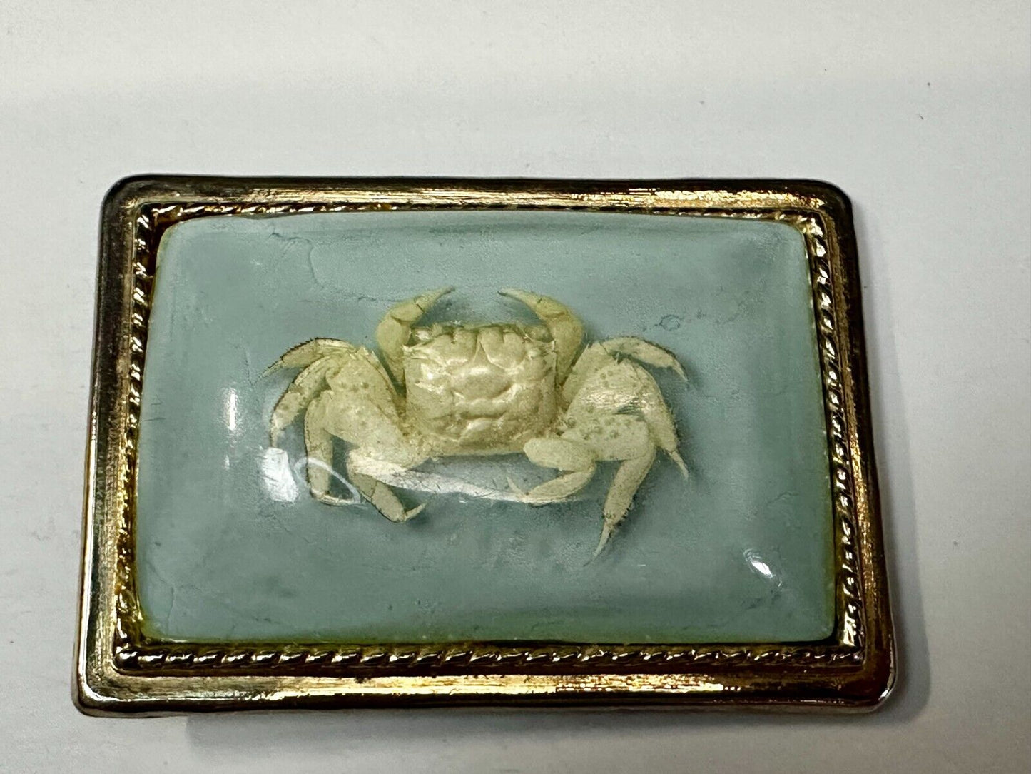 White Fiddler Crab Encased in Clear Enamel Vintage Gold tone Belt Buckle