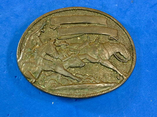 Vintage cowboys from wild west riding horseback belt buckle - blank ribbon award