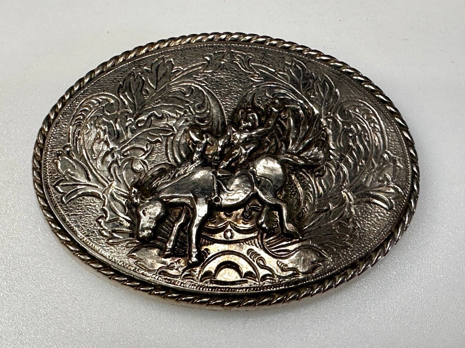 Taming the Wild Western Horse Vintage silver tone oval Belt Buckle 