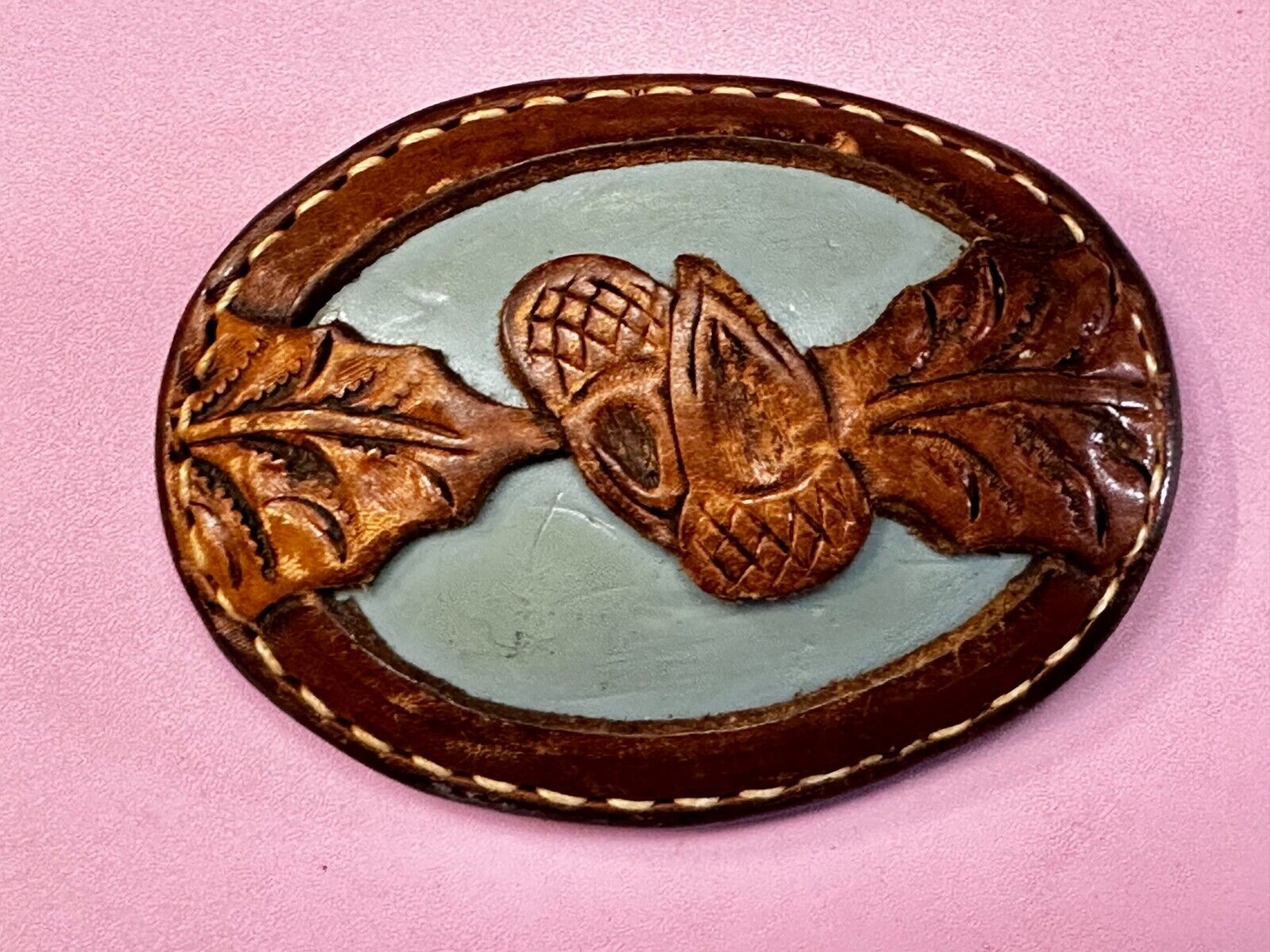 Artisan Hand-Stitched Acorn Leaf Brown Leather 4" Large Unique Belt Buckle