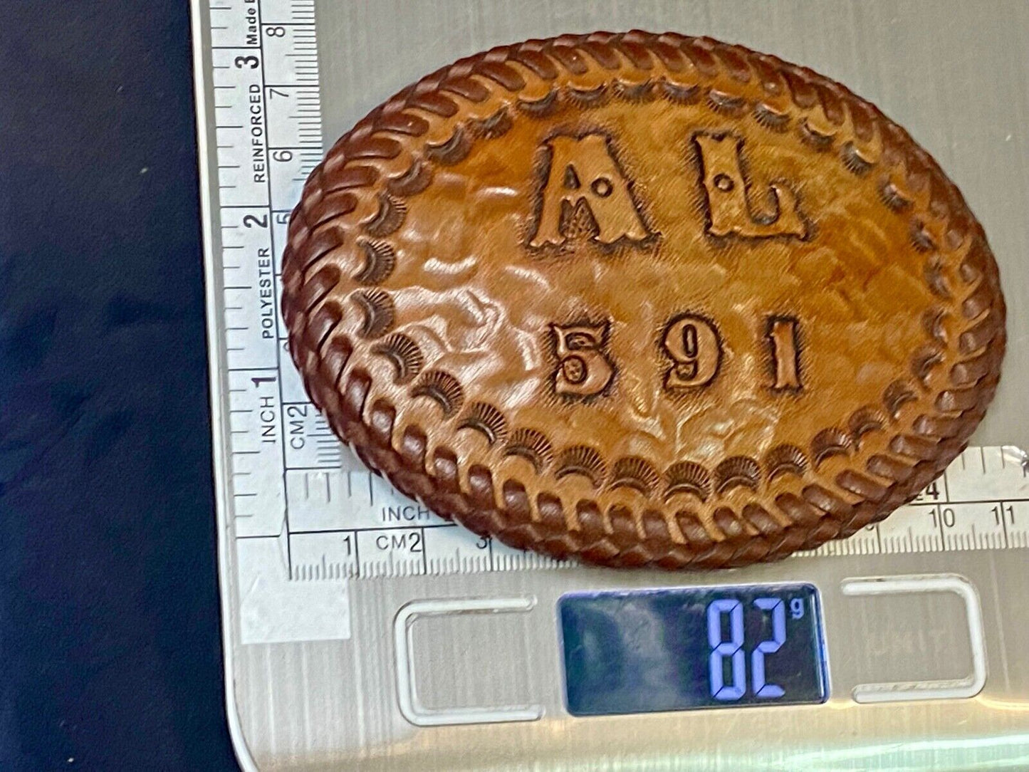 Al 591 Large Leather Tooled Stitched Name Western Belt Buckle.