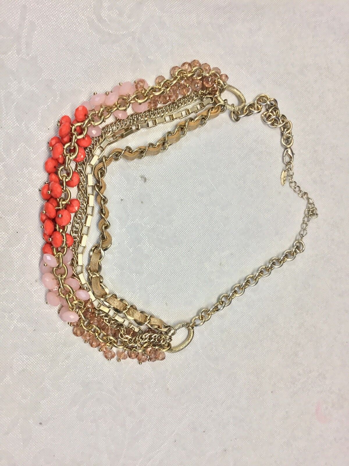VCLM Multi Strand Gold Pink Coral Orange Beaded Statement 21" Necklace