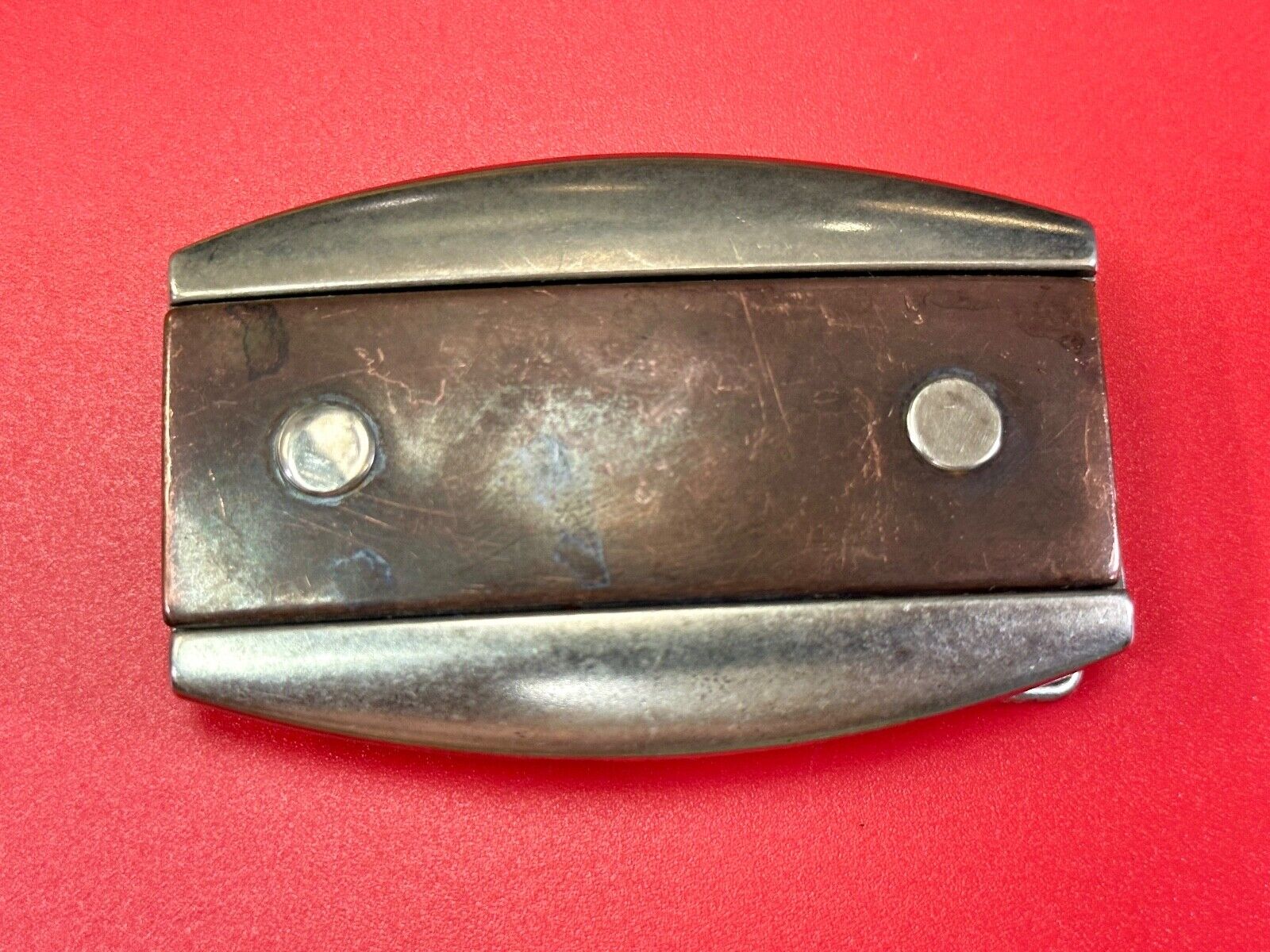 vintage Faux Wood stripe in silver tone western vibe belt buckle