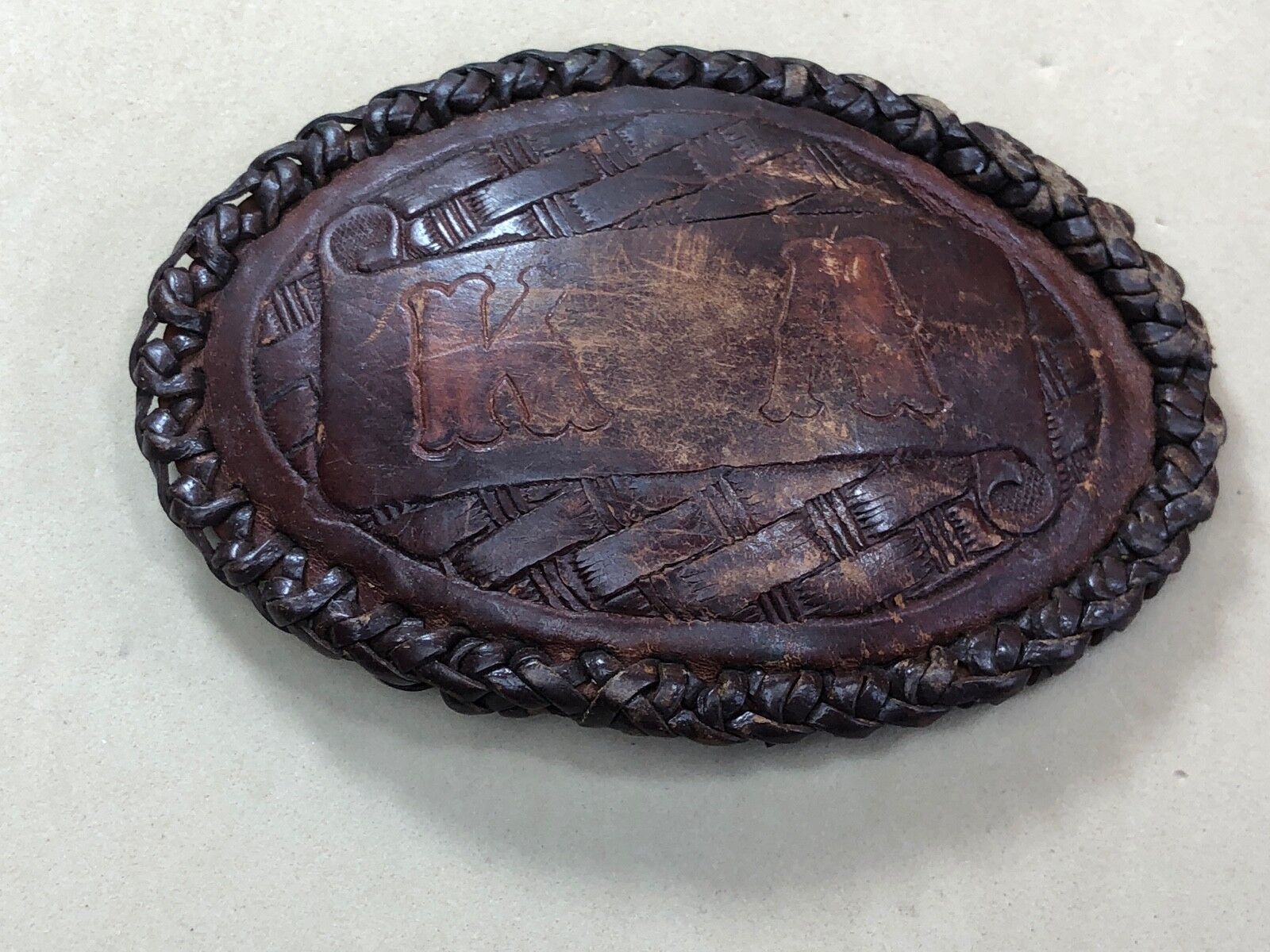 Vintage artisan? KA  Initials Leather stitched Belt Buckle 