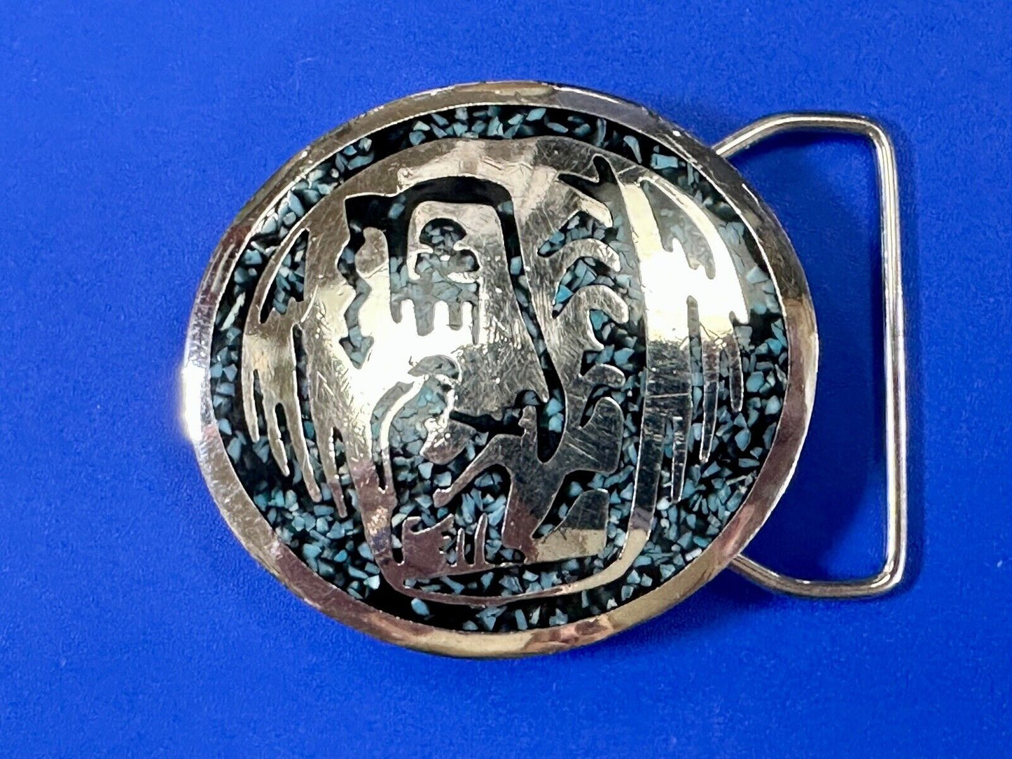 Artisan Inlaid Turquoise chip Beautiful Art pc. Vintage belt buckle marked 1980