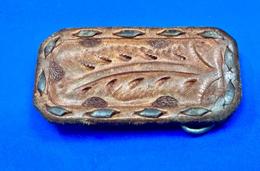 Vintage leaf pattern on stitched multi layer leather rectangular belt buckle