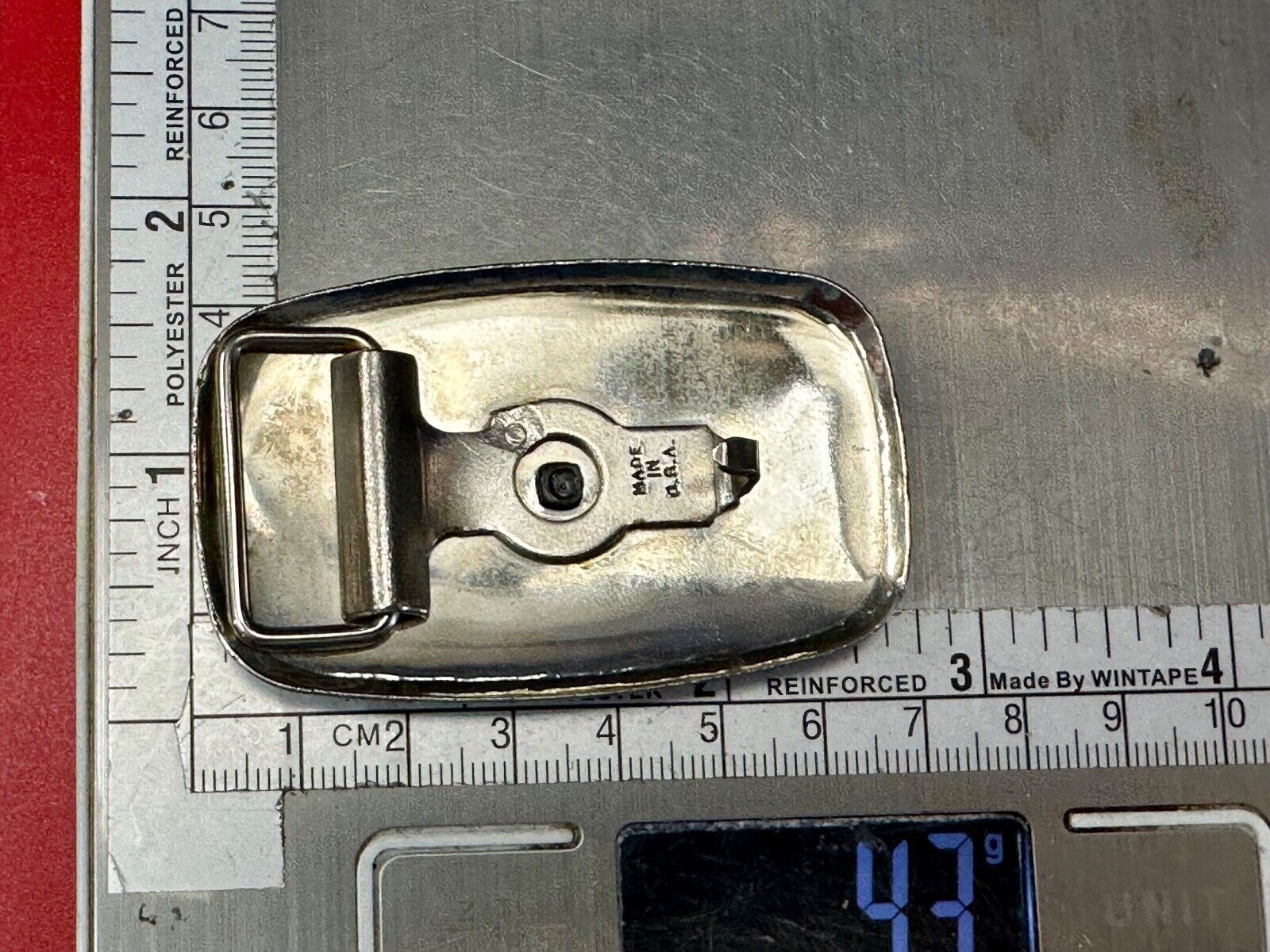 70s Covered Wagon two tone reflective rounded corner USA made belt buckle