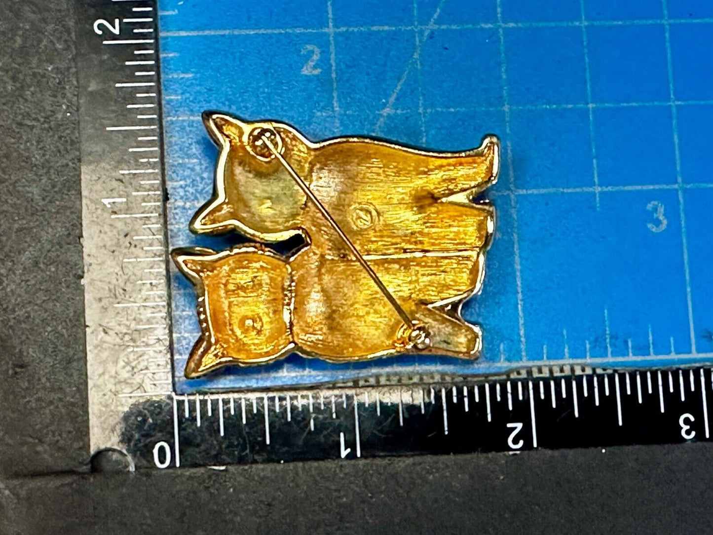 Two Sitting Cats Green Eyes, Black & Gold Kittens Brooch Pin Signed Swarovski