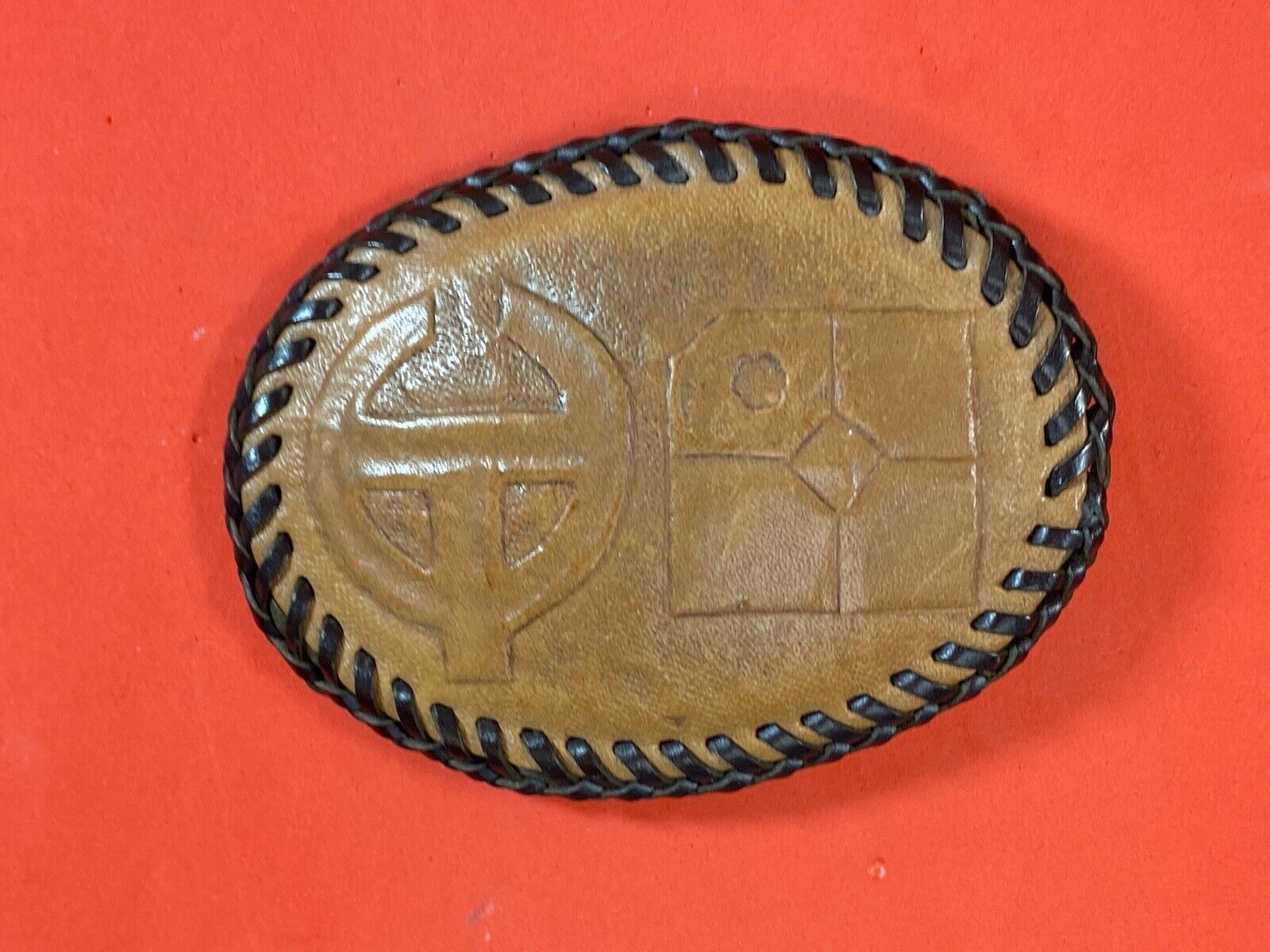 Vintage - Leather stitched belt buckle with Oil? company logo 