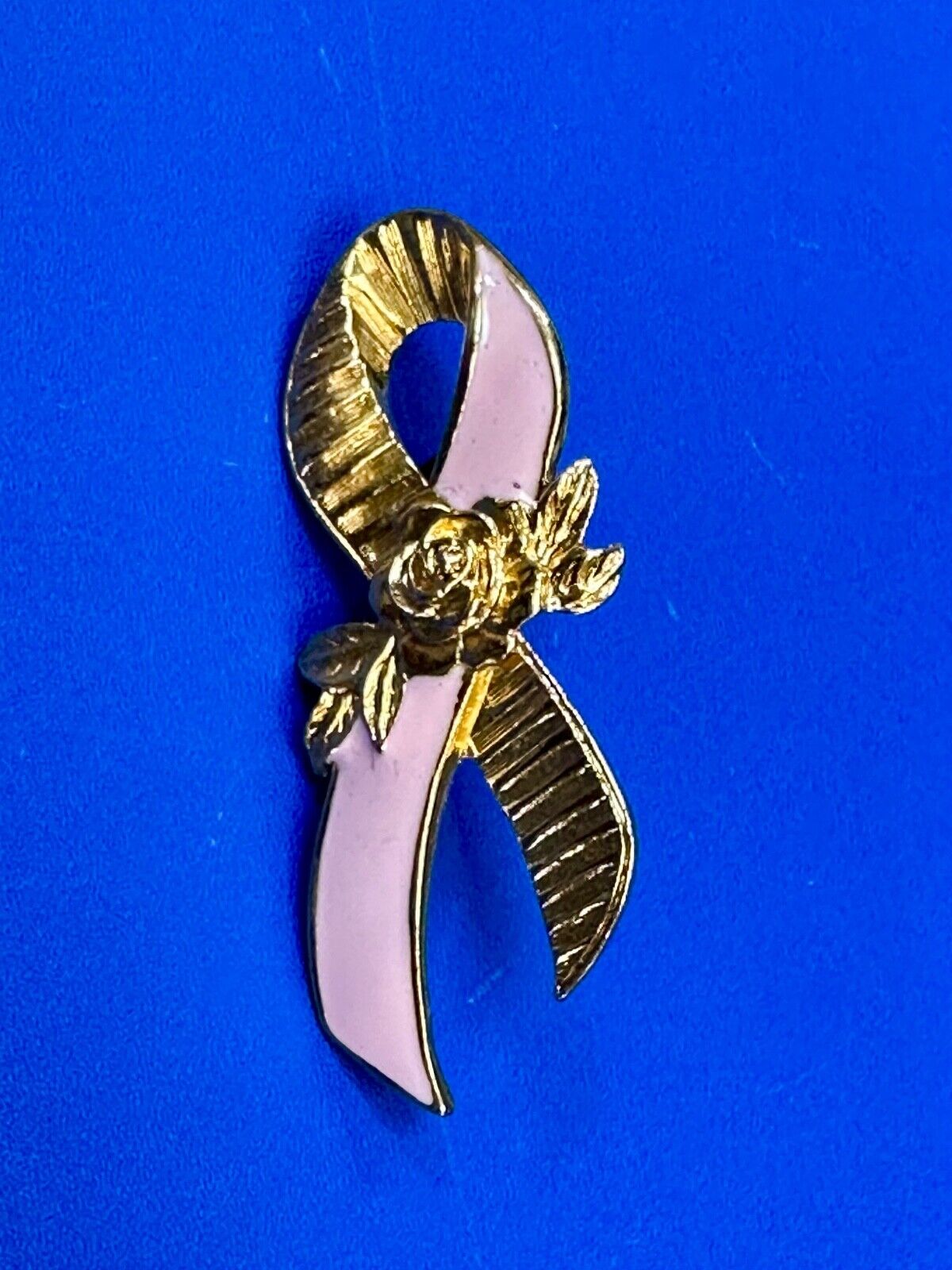Avon Gold Tone Pink Enamel Ribbon Breast Cancer Awareness Brooch Pin 2"