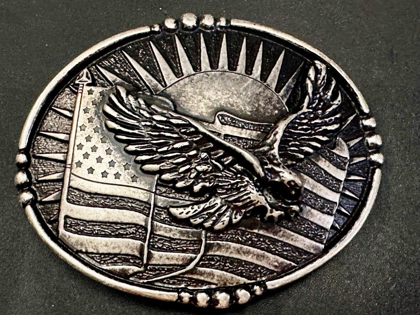 American Flying Eagle Flag Stars Stripe Sun Silver Color Patriotic Belt Buckle