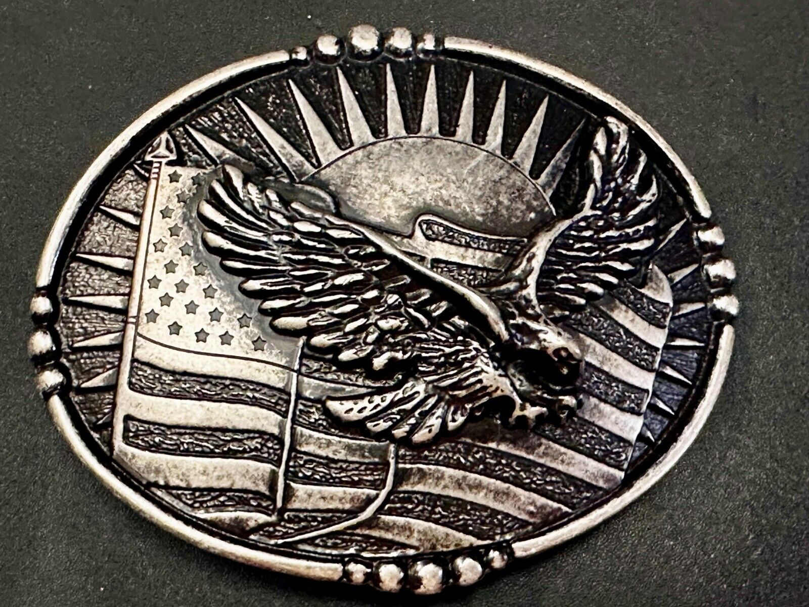 American Flying Eagle Flag Stars Stripe Sun Silver Color Patriotic Belt Buckle