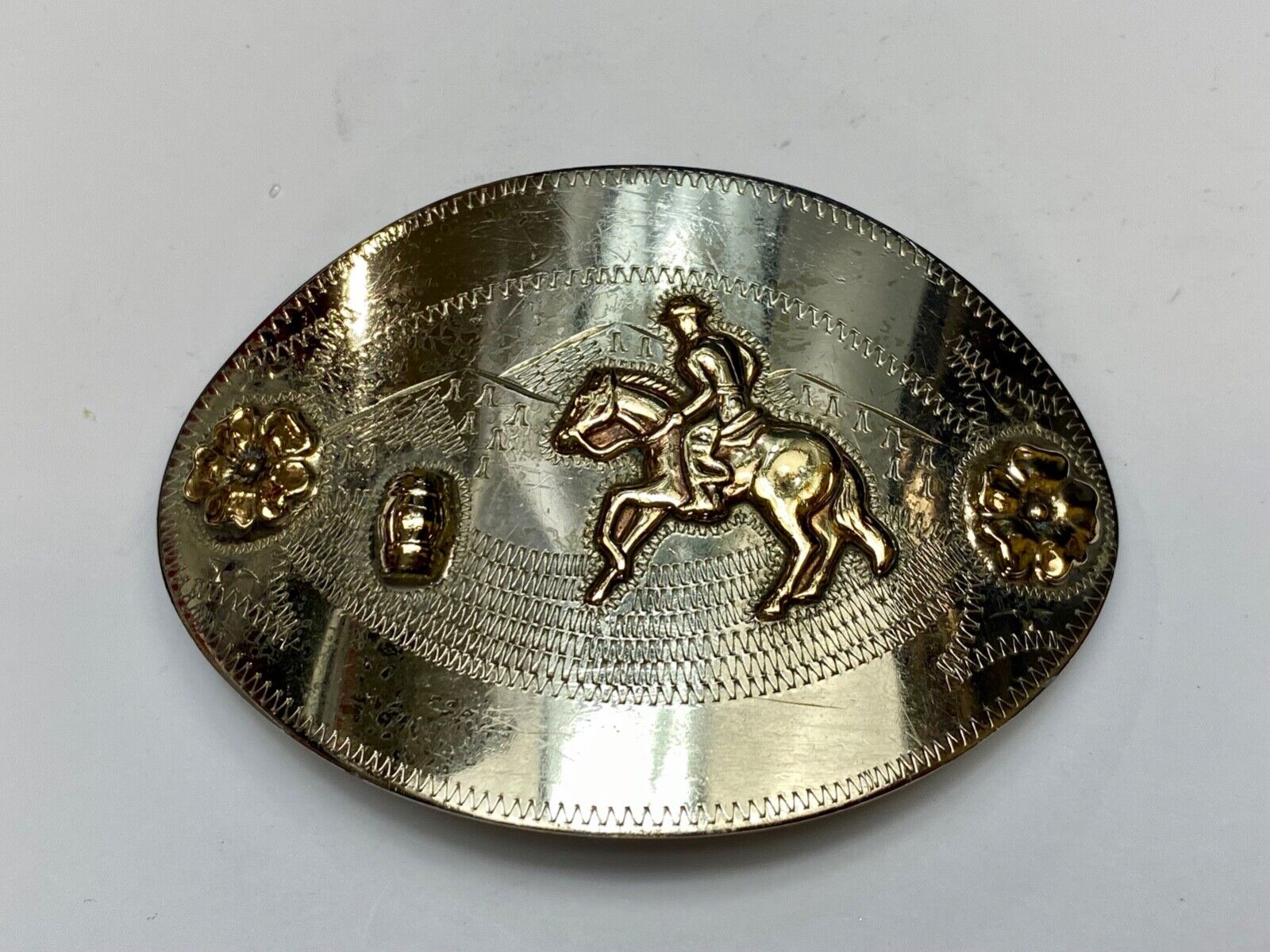 Barrel Horse Rider,  Nickel Silver Belt Buckle W/ Bronze Trim by Don Ricardo