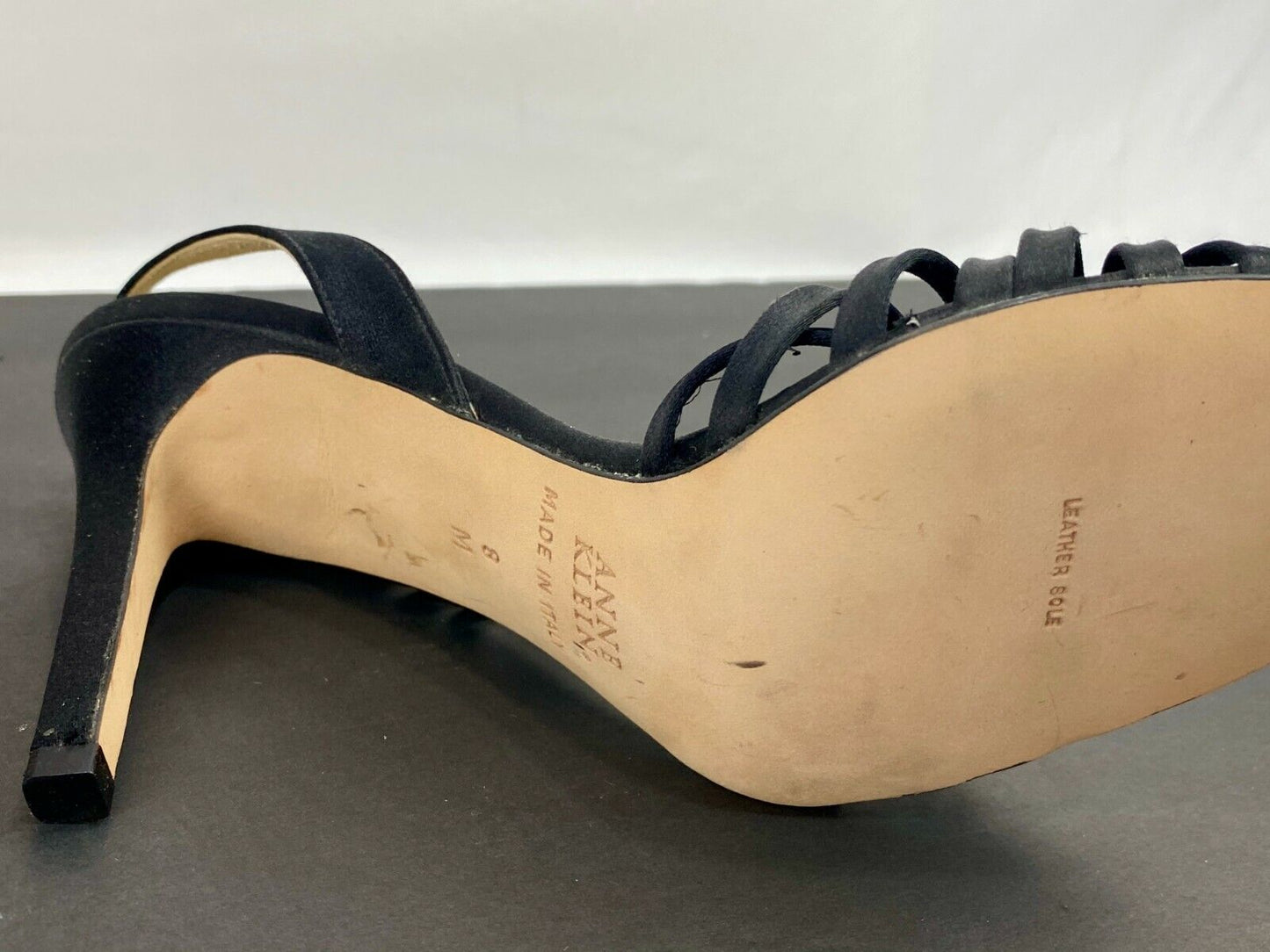 ANNE KLEIN Black Satin Strappy Dress 4" Heels Sandals Stiletto 8 M