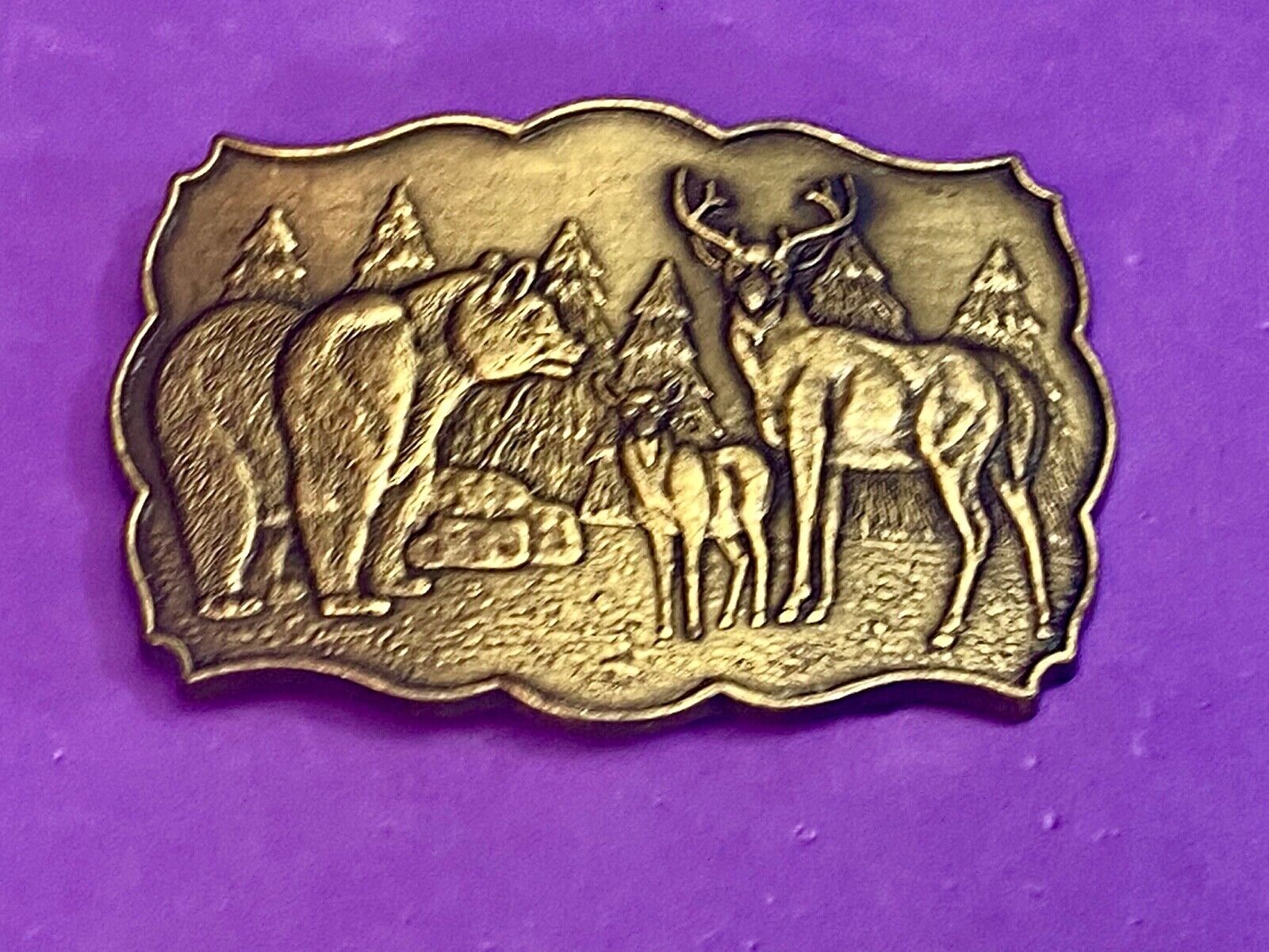 Vintage Deer & Doe With Grizzly Bear In Pine Trees Nature Scene Belt Buckle 