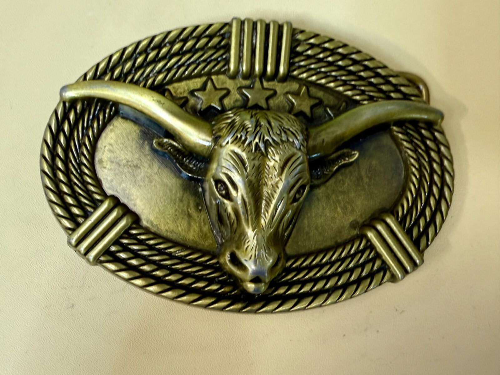 3D Longhorn Bull Head with Stars Rope Border Western Rodeo Cowboy Belt Buckle